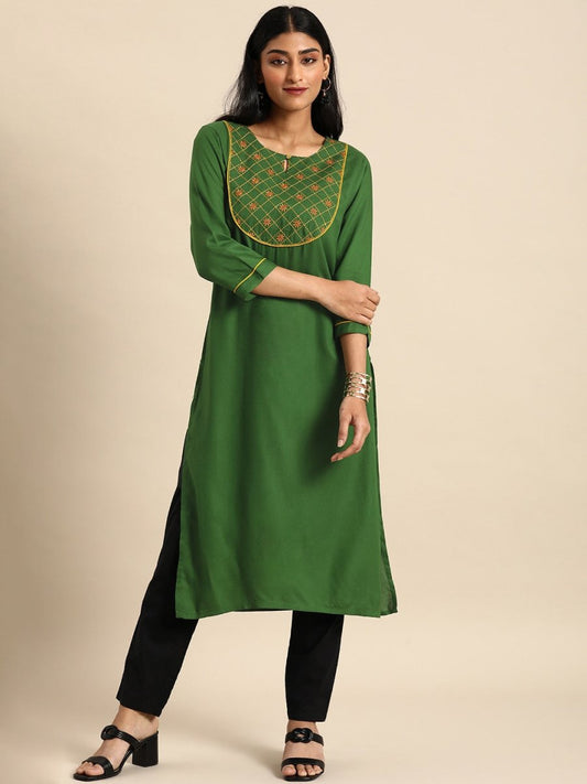 All About You Women Green Ethnic Motifs Yoke Design Keyhole Neck Straight Kurta