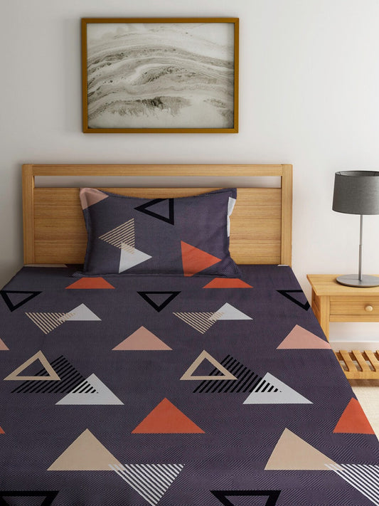 Home Sizzler Grey & White Geometric 144 TC Single Bedsheet with 1 Pillow Covers