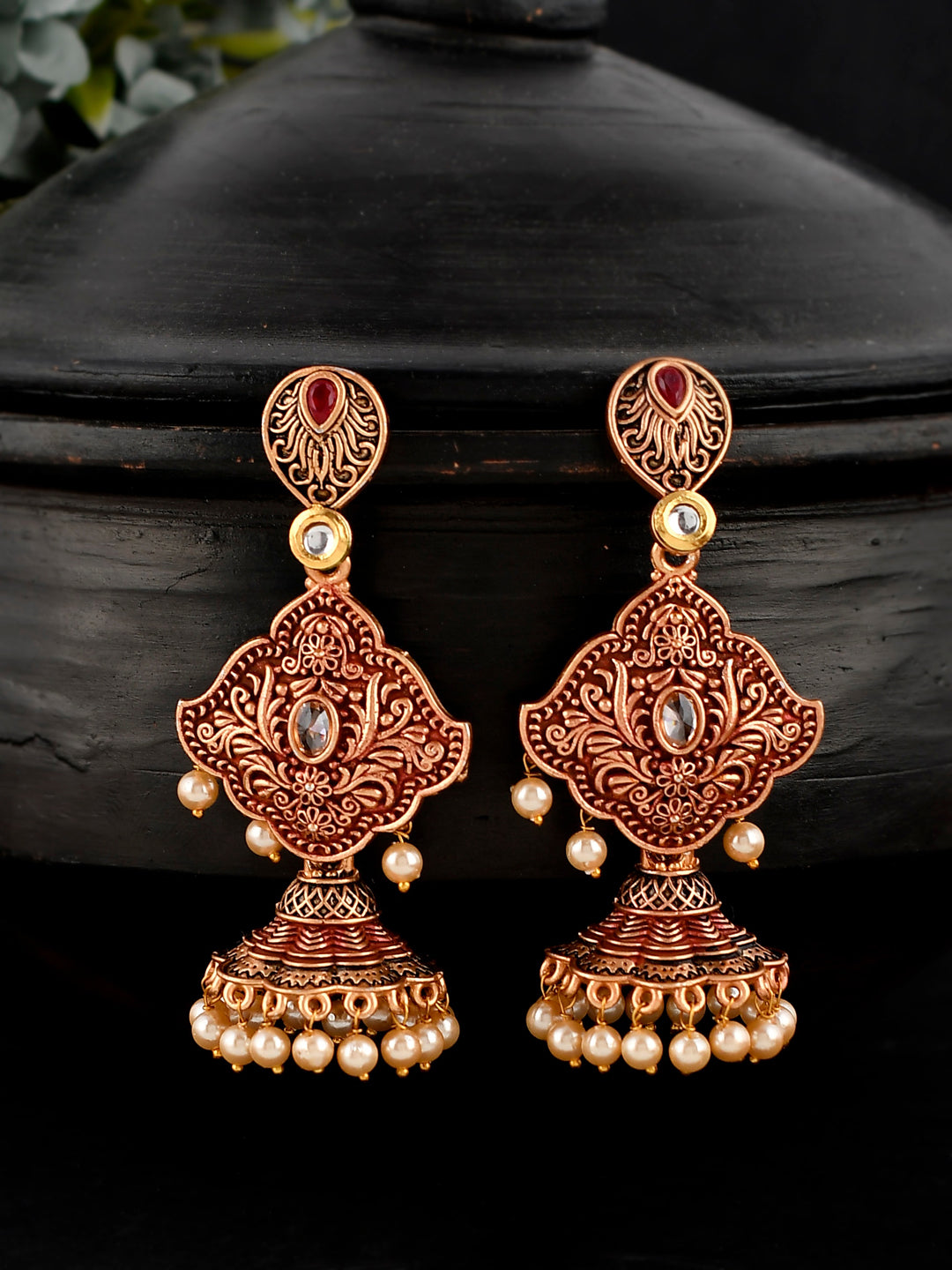 Shoshaa Maroon & Gold-Toned Contemporary Jhumkas Earrings - Grab2buy