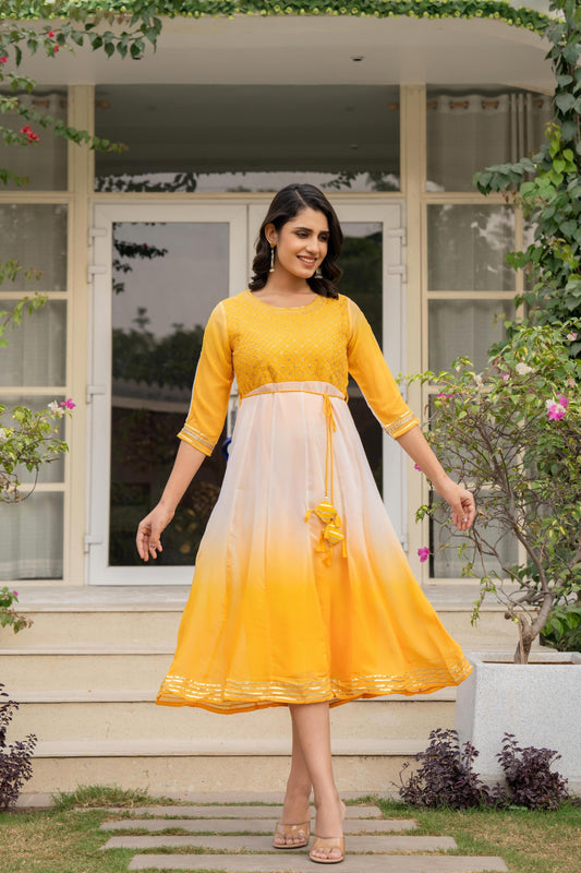 Juniper Women's Yellow Printed Georgette Dress With Doris At Waist & Sequins