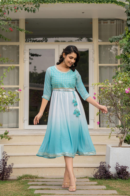 Juniper Women's Teal Solid Georgette Dress With Doris At Waist & Mirror Work