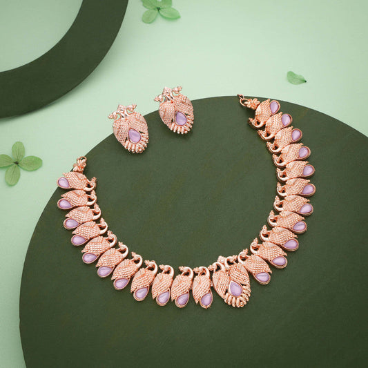Tehzeeb Creations Rose Gold Lavender Colour Necklace With Pair Of Earrings | Grab2Buy