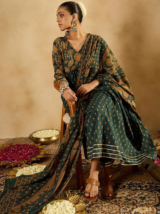 Indo Era Floral Printed Empire Pure Cotton A-Line Kurta With Trousers & Dupatta
