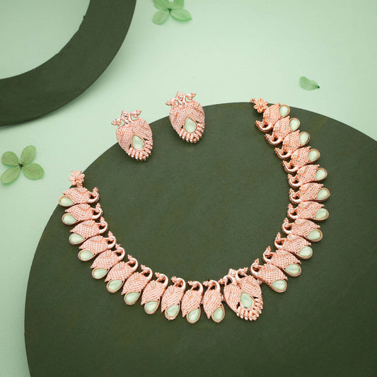Tehzeeb Creations Rose Gold Sea Green Colour Necklace With Pair Of Earrings