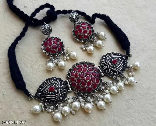 Tehzeeb Creations Women's Maroon Colour Meenakari Necklace Set With White Pearl Tehzeeb Creations