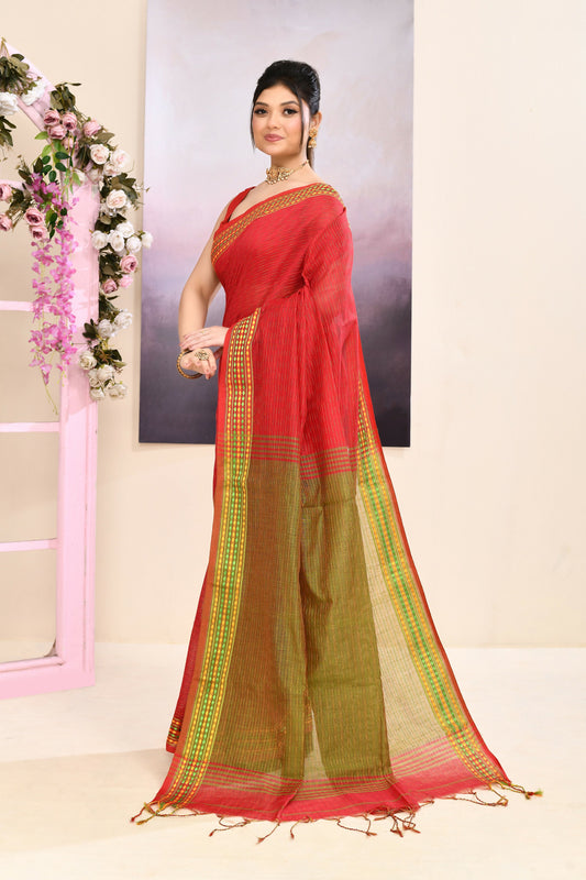 Piyari Fashion Women's Red Embellished Cotton Blend Jamdani Saree