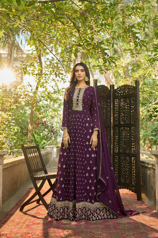 Purple Heavy Faux Georgette Anarkali Embroidered Kurta Set - Dhvani