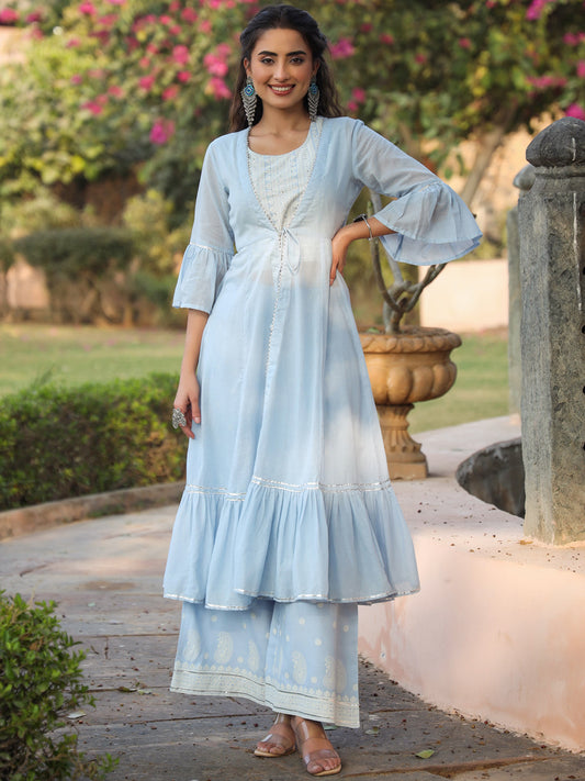 Juniper Powder blue Ethnic Motif printed rayon Crop Top Palazzo & Shrug With Beads & Sequins Work