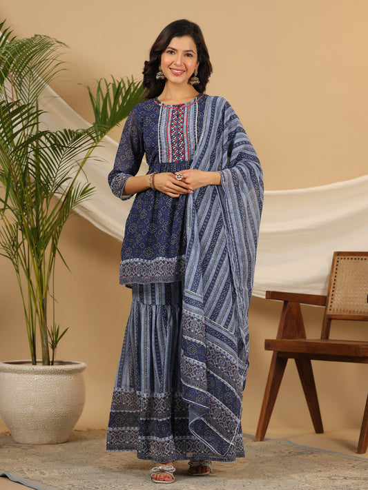 Juniper Navy Blue Geometric Printed Georgette Gota Kurta Sharara & Dupatta Set With beads & Sequins
