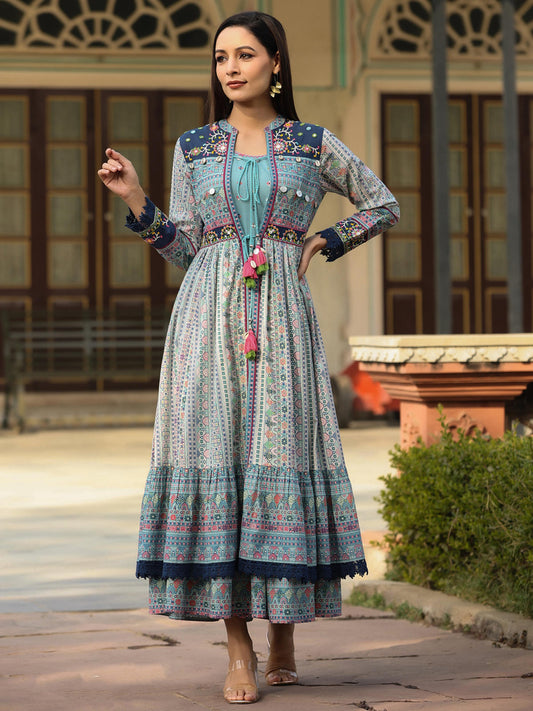 Juniper Women's Juniper Women's Sky Blue Cambric Printed With Embroidery Flared Dress