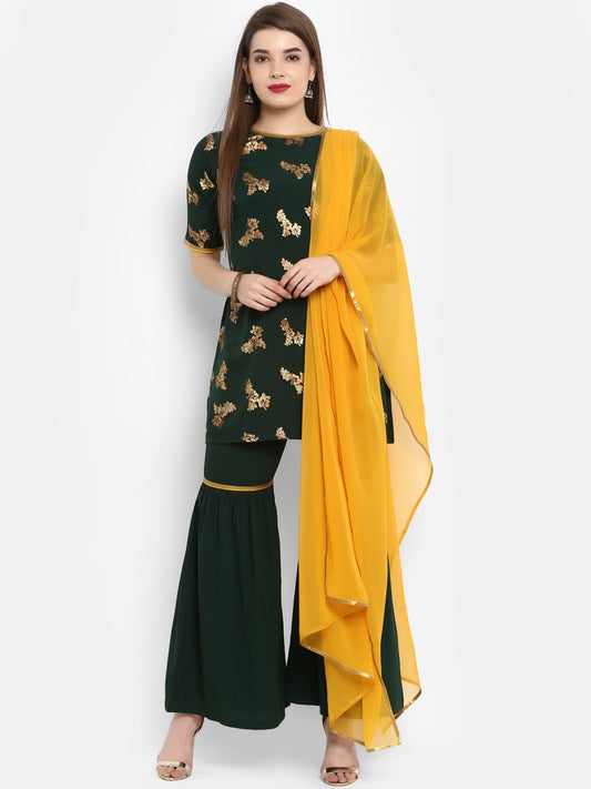 Janasya Women Green & Orange Printed Kurta with Sharara & Dupatta