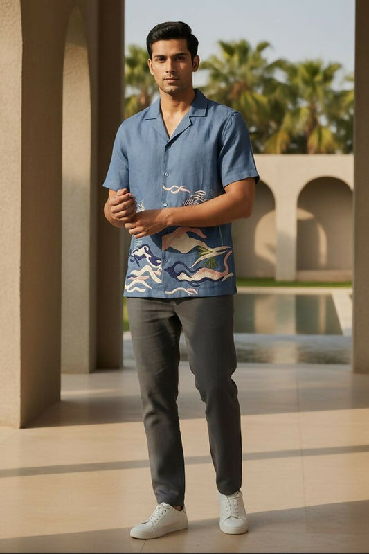 Mirage — Deep Blue Embroidered Linen Shirt by Hilo Design