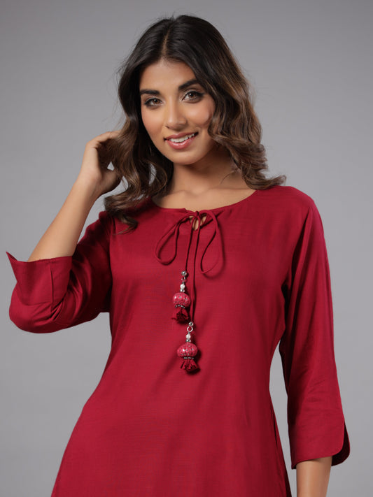 Juniper Women Fuchsia Rayon Solid Asymmetric Kurta