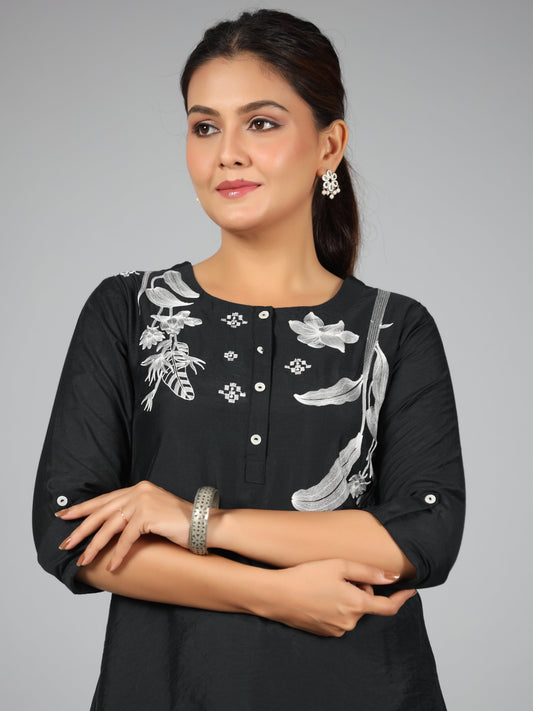 Juniper Women Black Chanderi Embroidered Clothing Set