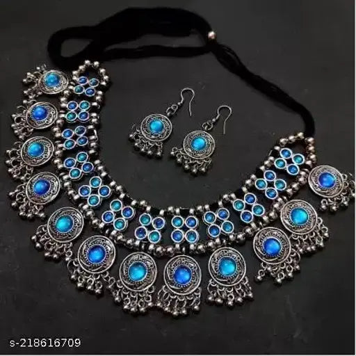 Tehzeeb Creations Women's Silver Colour Oxidised Necklace Set With Meenakari Work Tehzeeb Creations