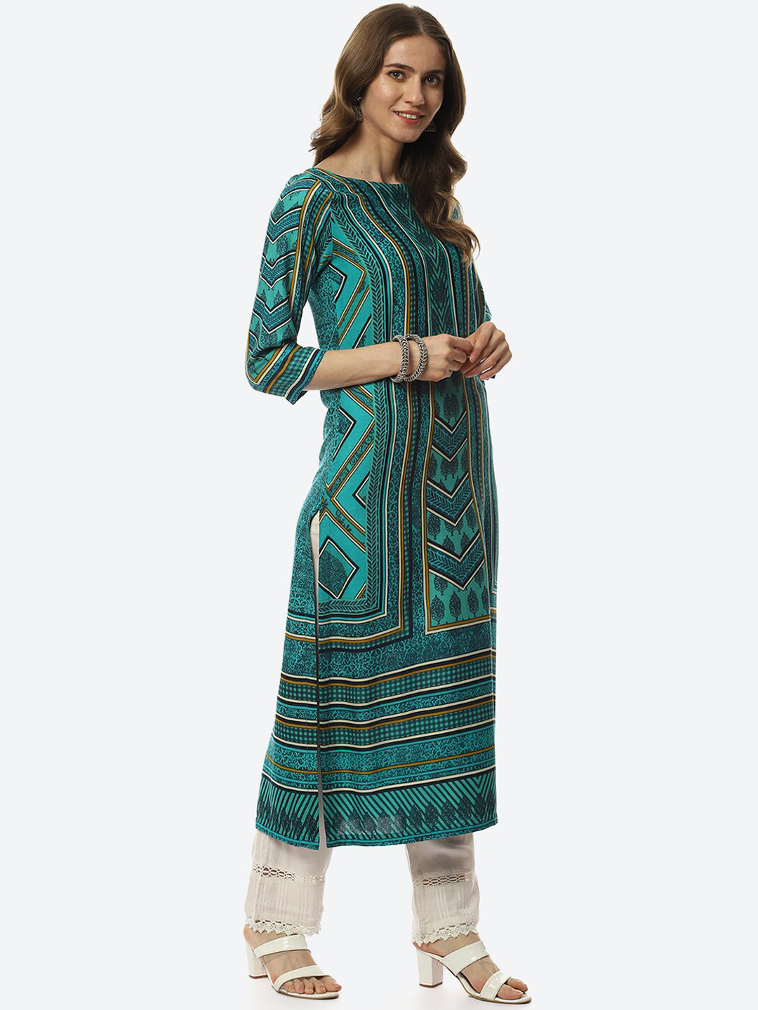 Biba Women Green & Black Printed Straight Kurta - Grab2buy