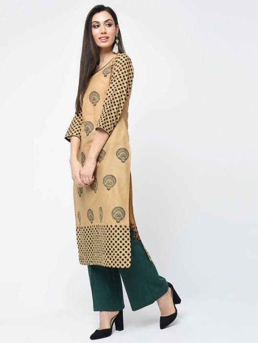 Aniyah Cotton Block Printed Beige Straight Kurta (AN-126K)