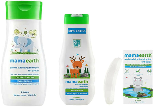 Mamaearth Moisturizing Baby Bathing Soap Bars & Dusting Powder & Gentle Cleansing Baby Shampoo Genie India