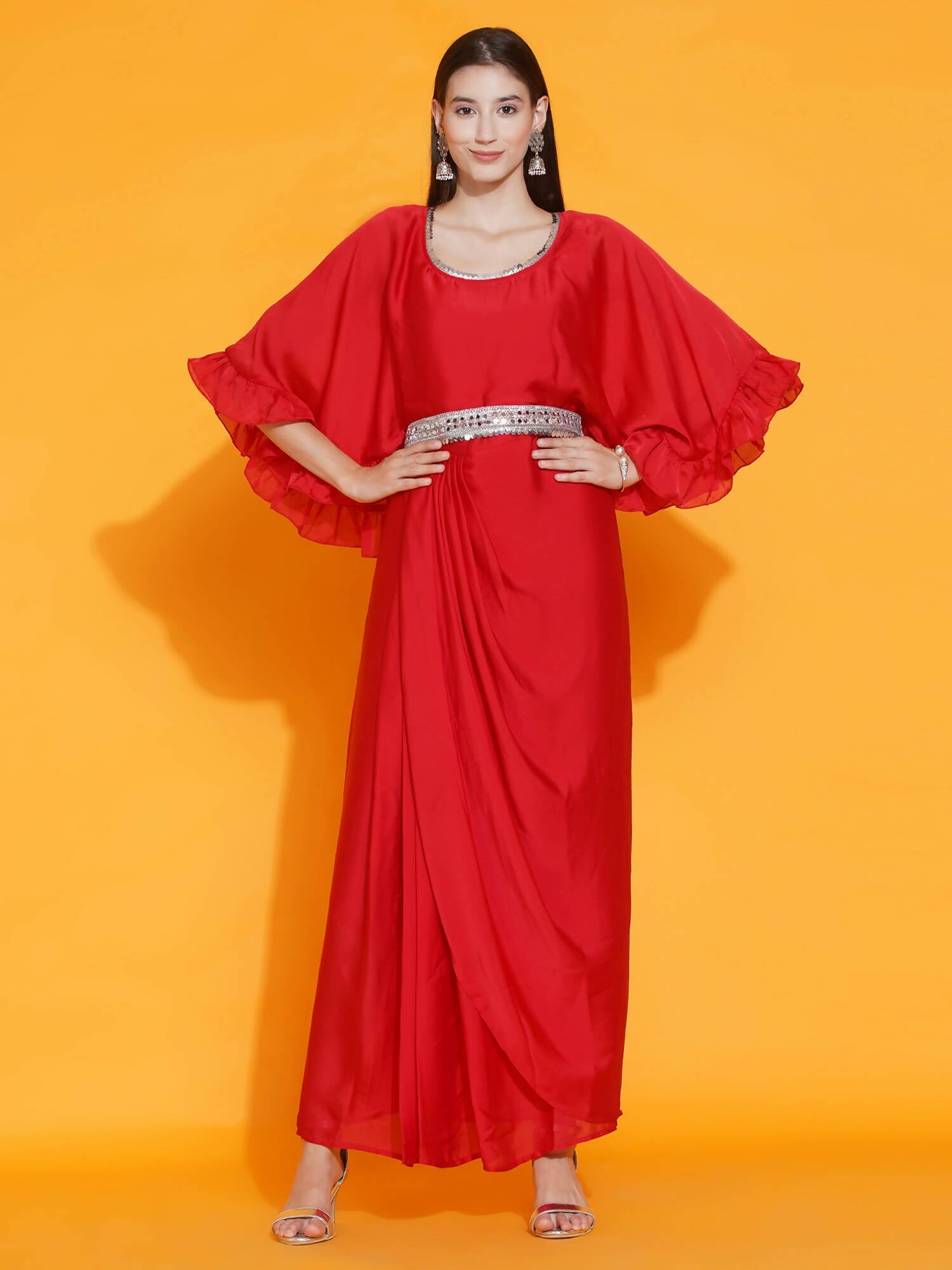 Women Republic Red Georgette Gown With Embellished Belt - Grab2buy