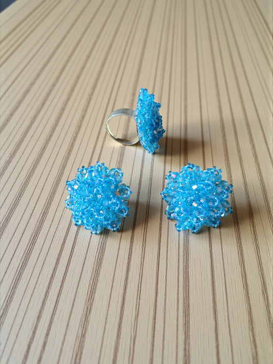 Inhanns Rangmani Crystal Duo – Adjustable Ring + Statement Earrings Set - Sky Blue