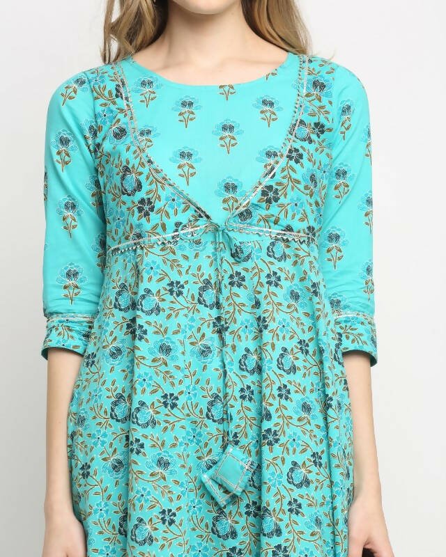 Aastha Fashion Women's Sky Blue Cotton Floral Printed Kurta with Trouser & Dupatta - Grab2buy
