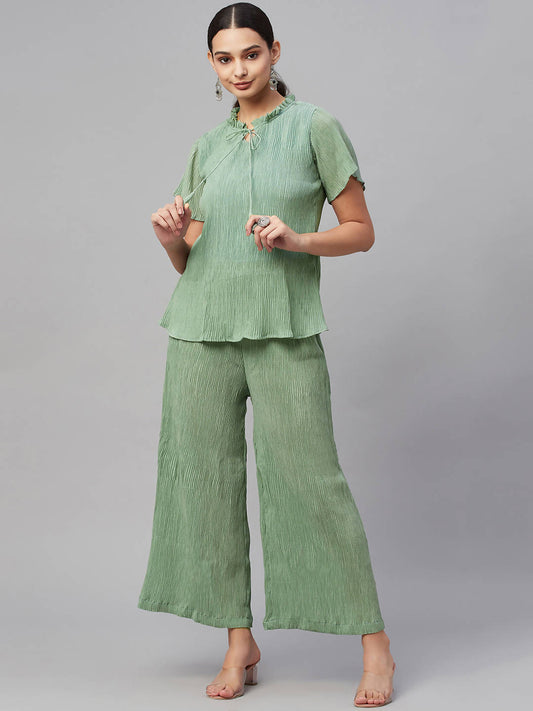 Myshka Women Green Chiffon Round Neck Top Palazzo Set