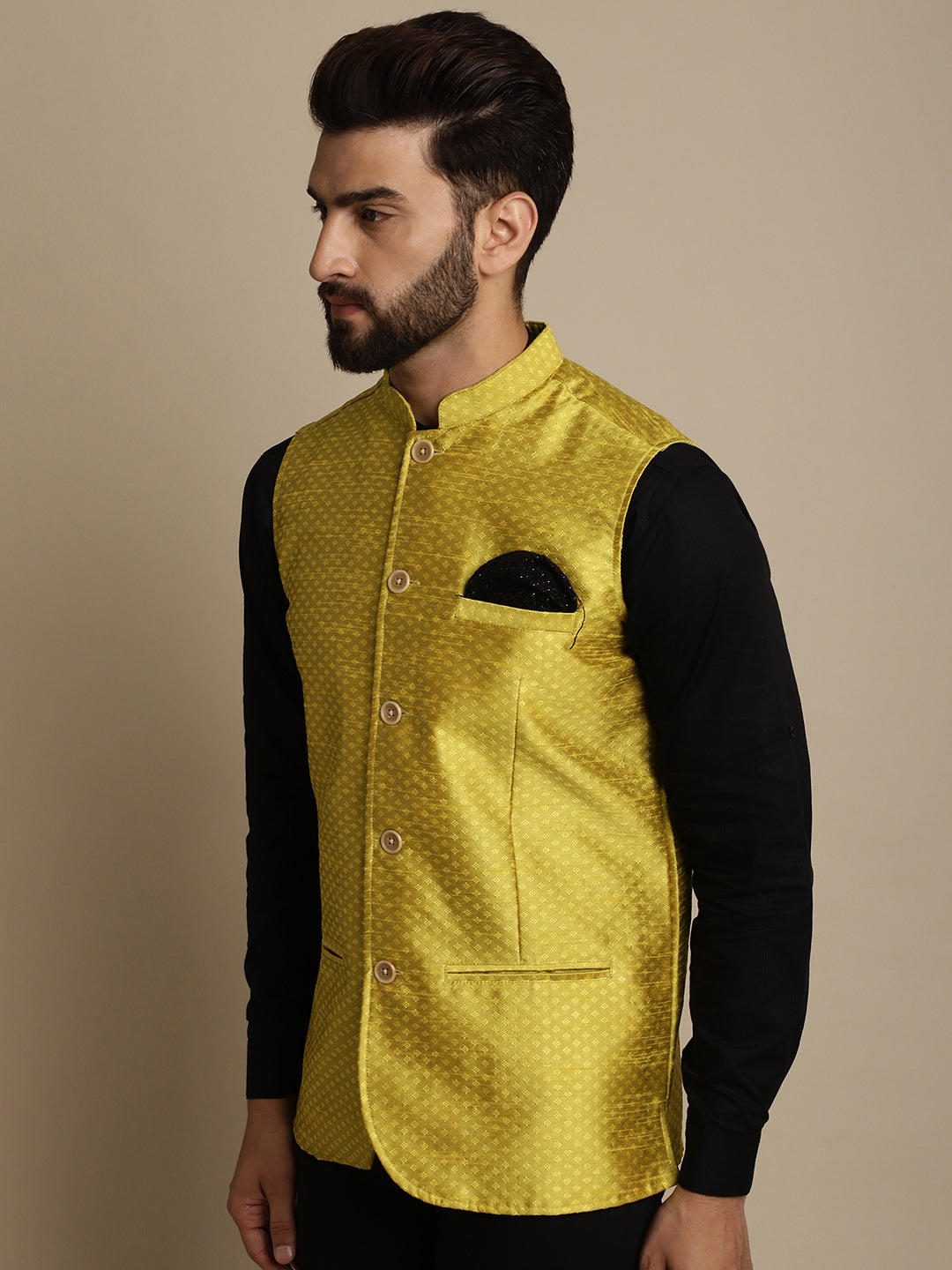 Even Apparels Men's Yellow Mandarin Collar Waistcoat - Grab2buy