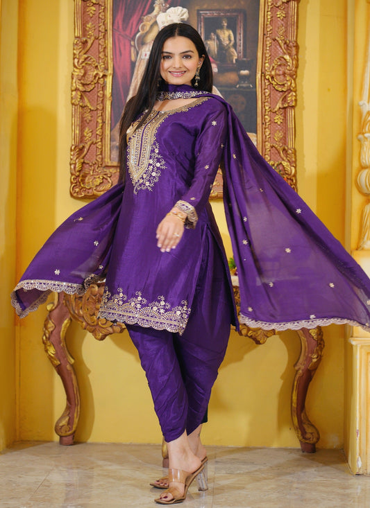 Teeya Creation Purple Color Chinon Silk Heavy Embroidery Work Fully Stitched Salwar Suit