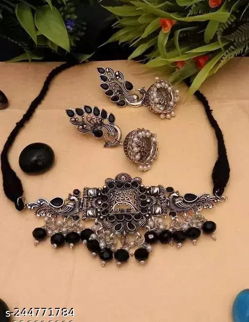 Tehzeeb Creations Women's Oxidised Necklace And Earring With Black Beads And Pearl Tehzeeb Creations