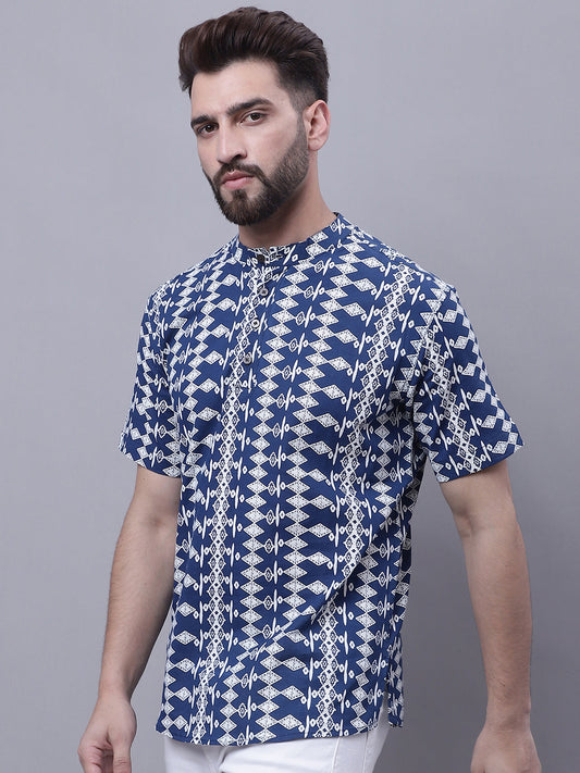 Even Apparels Blue Pure Cotton Short Kurta With Band Collar