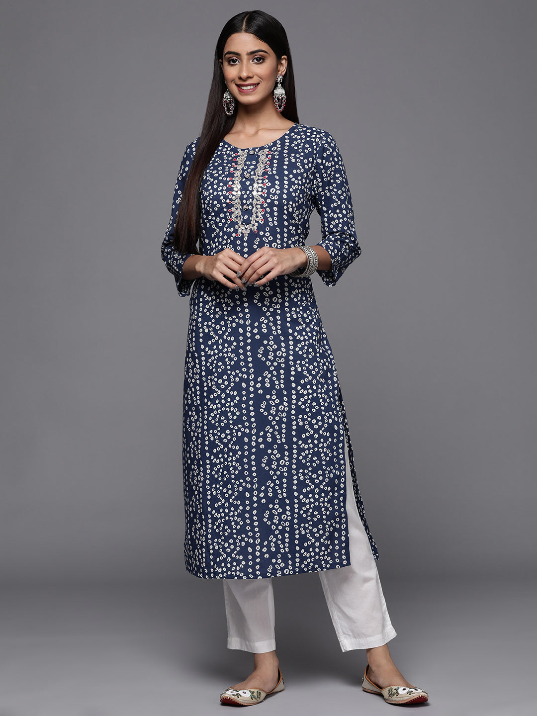 Varanga Blue Bandhani Print Embroidered Kurta Has Round Neck - Grab2buy