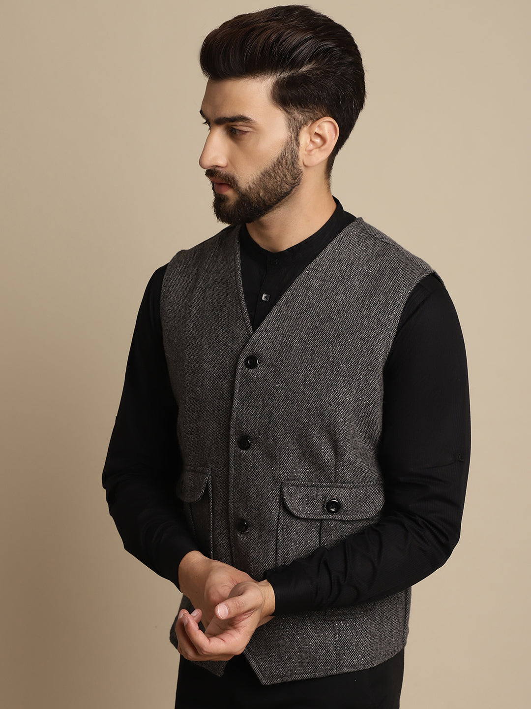 Even Apparels Men's Grey Woolen Waistcoat With Patch Pocket - Grab2buy