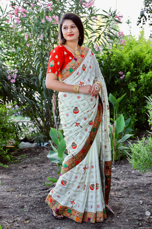 Lorenvalley Fashion Premium White Dola Silk Embroidery and Diamond work with Jacquard Lace Border Grab2Buy