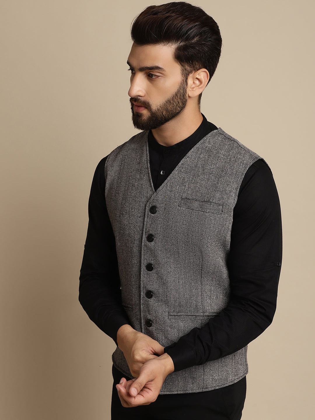 Even Apparels Men's Black Woolen Waistcoat with welt pockets - Grab2buy