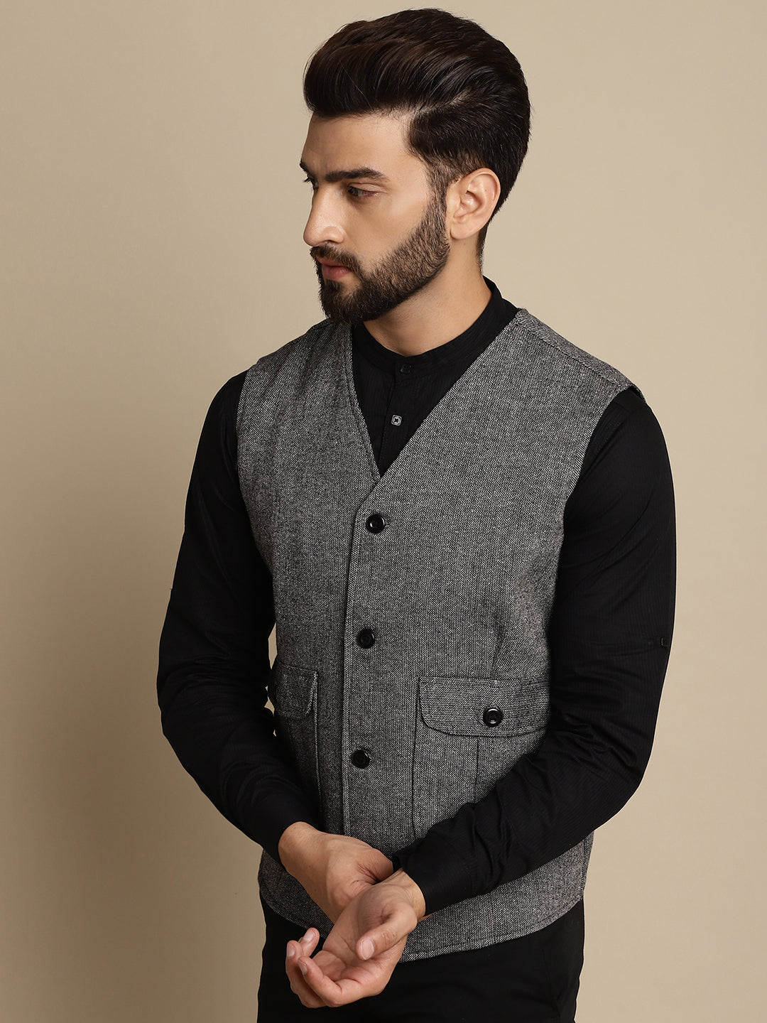Even Apparels Men's Black Woolen Waistcoat With Patch Pocket - Grab2buy