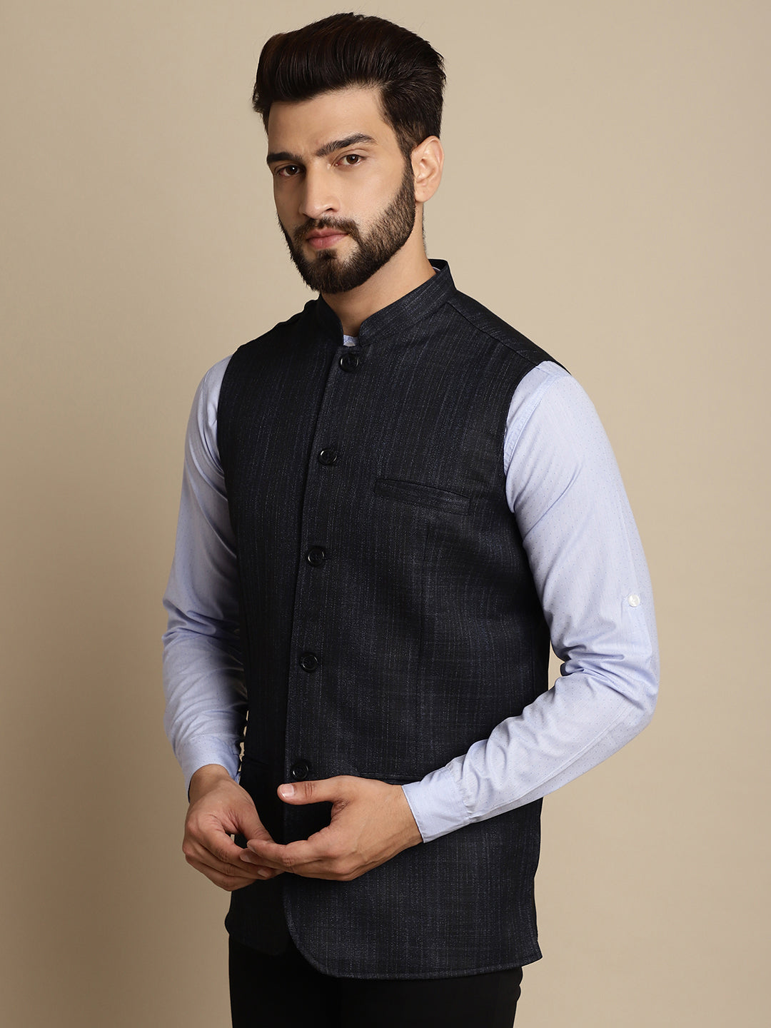 Even Apparels Men's Blue Mandarin Collar Waistcoat - Grab2buy