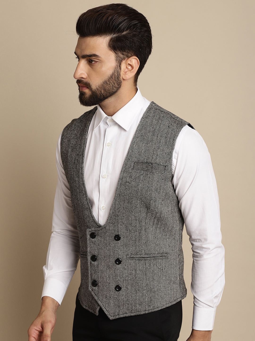 Even Apparels Men's Grey Woolen Double Breast Waistcoat - Grab2buy