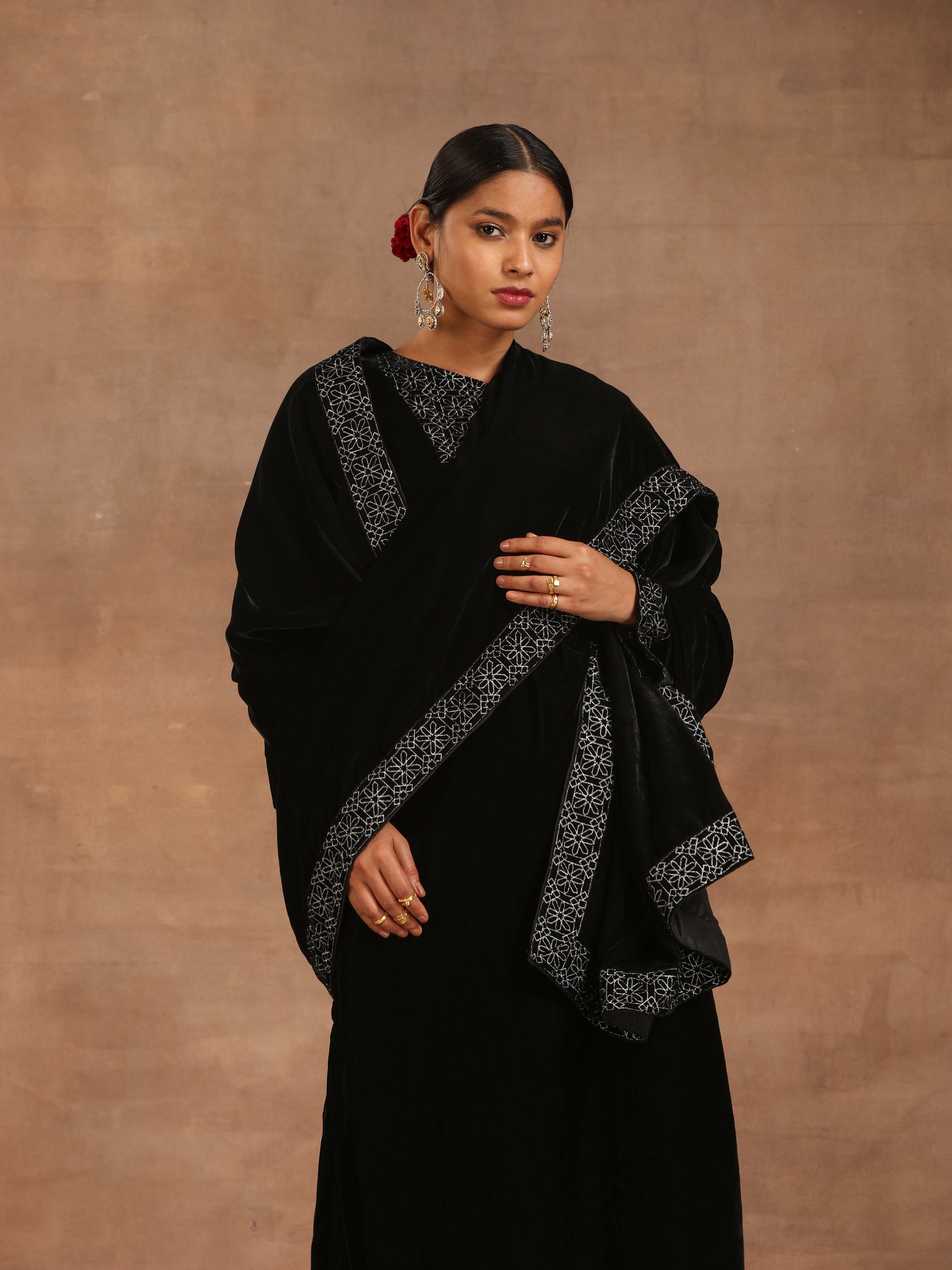 trueBrowns Black Velvet Embroidered Shawl - Grab2buy