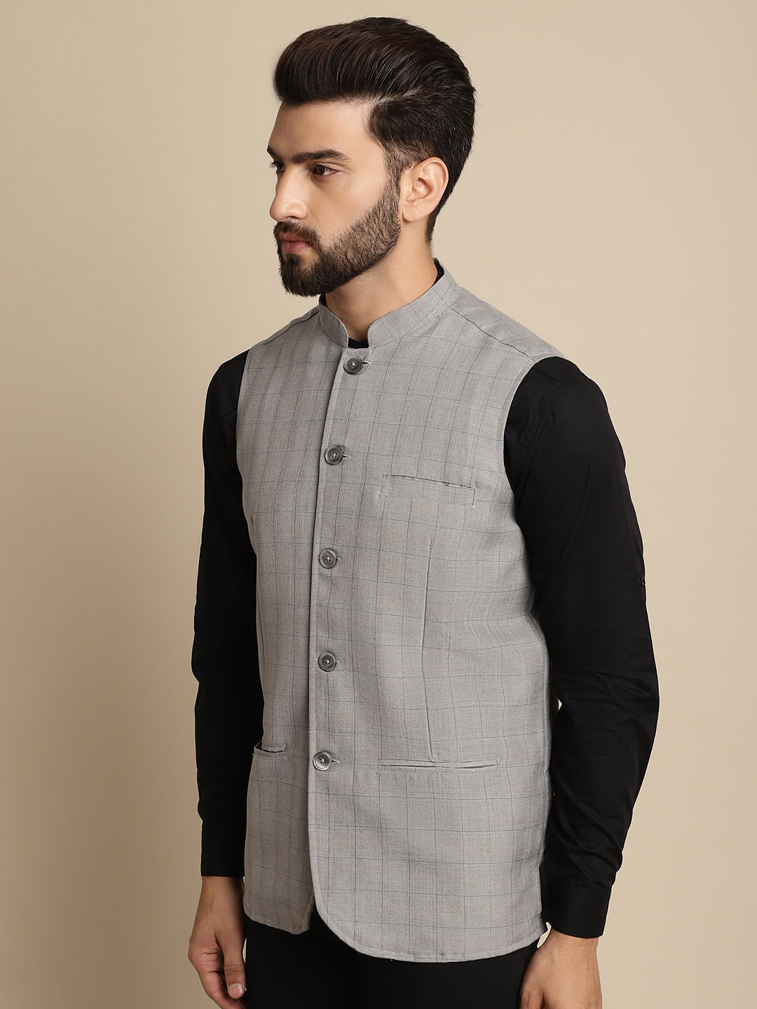 Even Apparels Men's Grey Mandarin Collar Waistcoat - Grab2buy