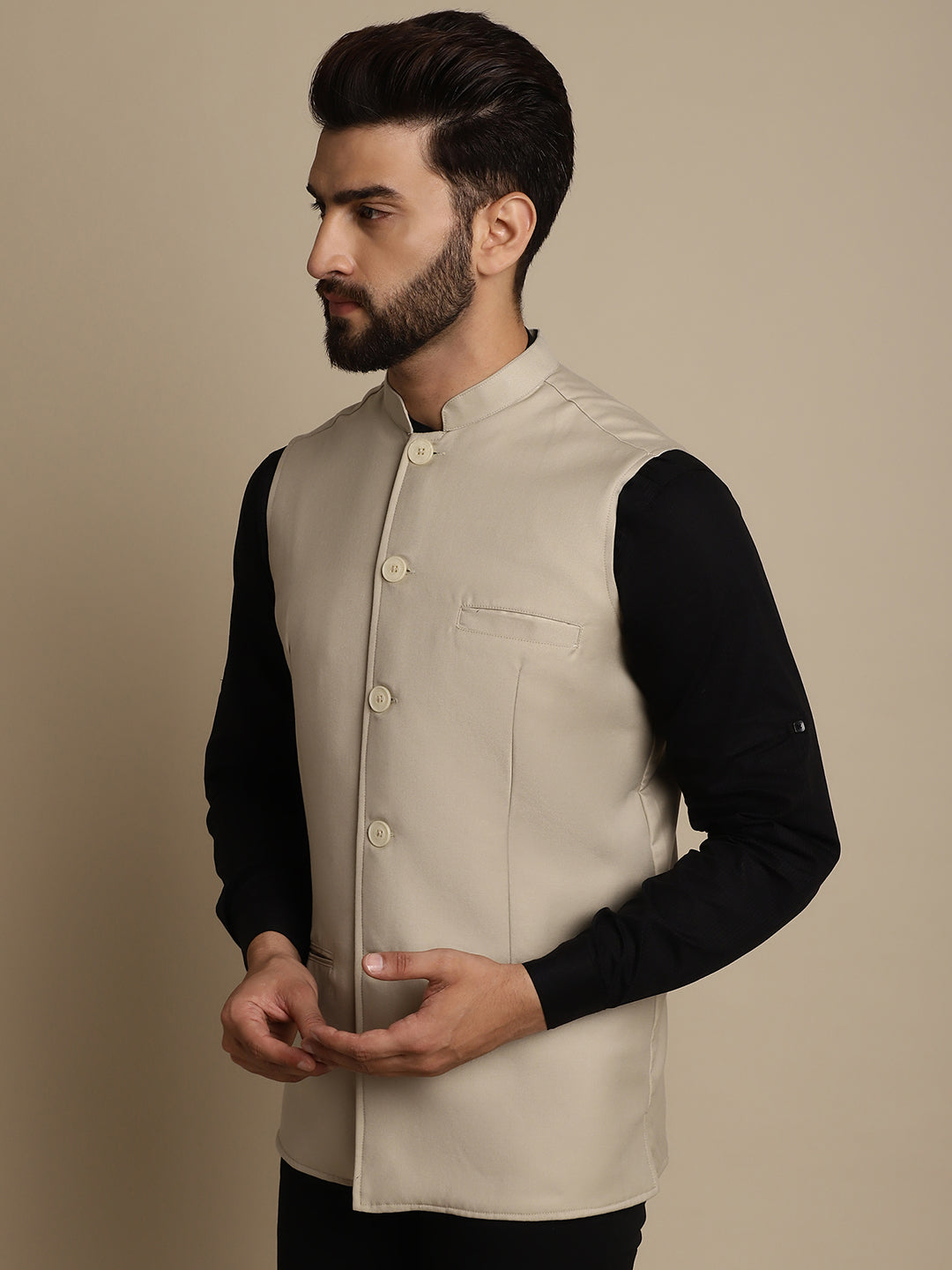 Even Apparels Men's Cream Mandarin Collar Waistcoat - Grab2buy