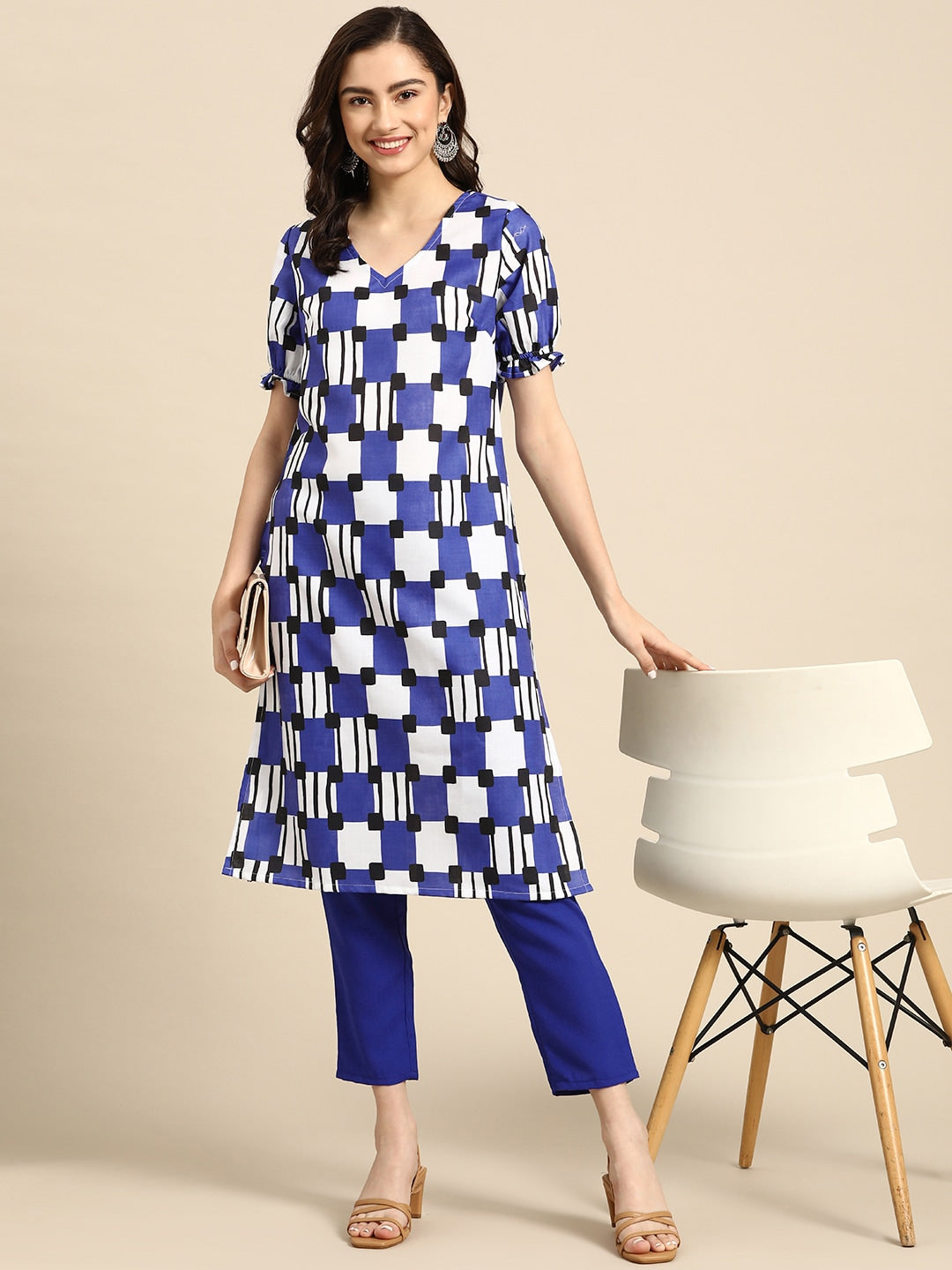 Sangria Women Navy Blue & White Printed A-Line Kurta with Trousers - Grab2buy