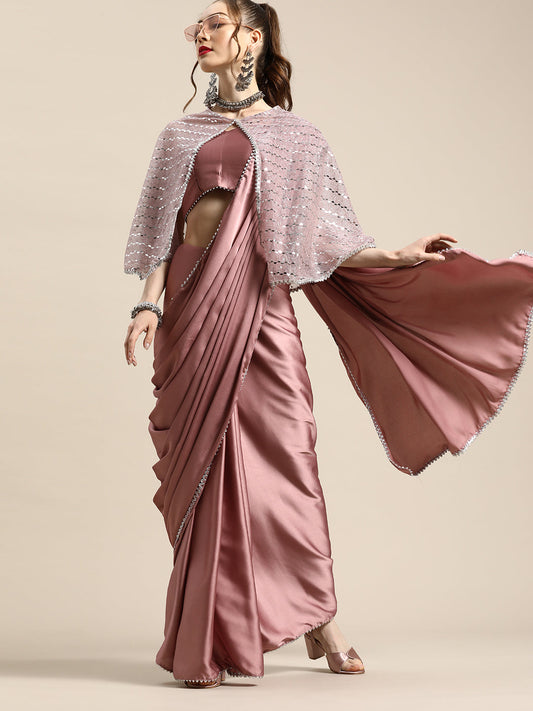 Tikhi Imli Trendy Mauve Sleek Poly Crepe Grab2Buy with Embellished Border & Cape