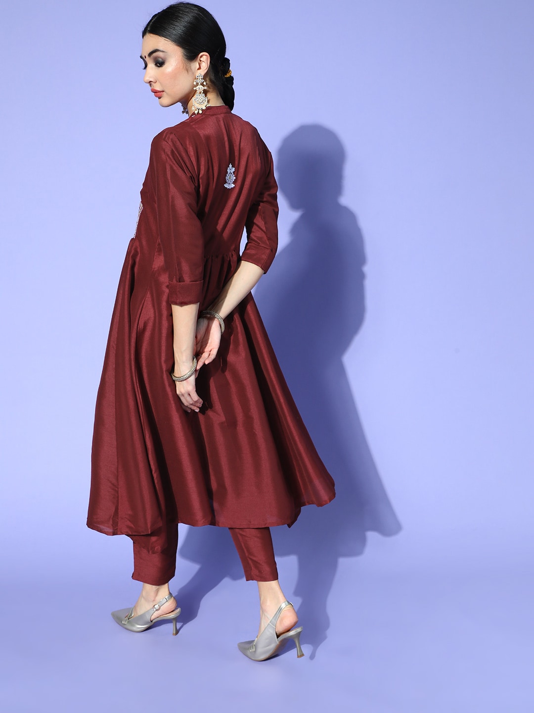 Sangria Women Maroon Ethnic Motifs Embroidered Yoke Design A-Line Kurta with Trousers - Grab2buy