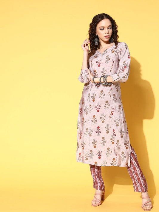 All About You Women Amusing Taupe Ethnic Motifs Print Parade Kurta with Trousers
