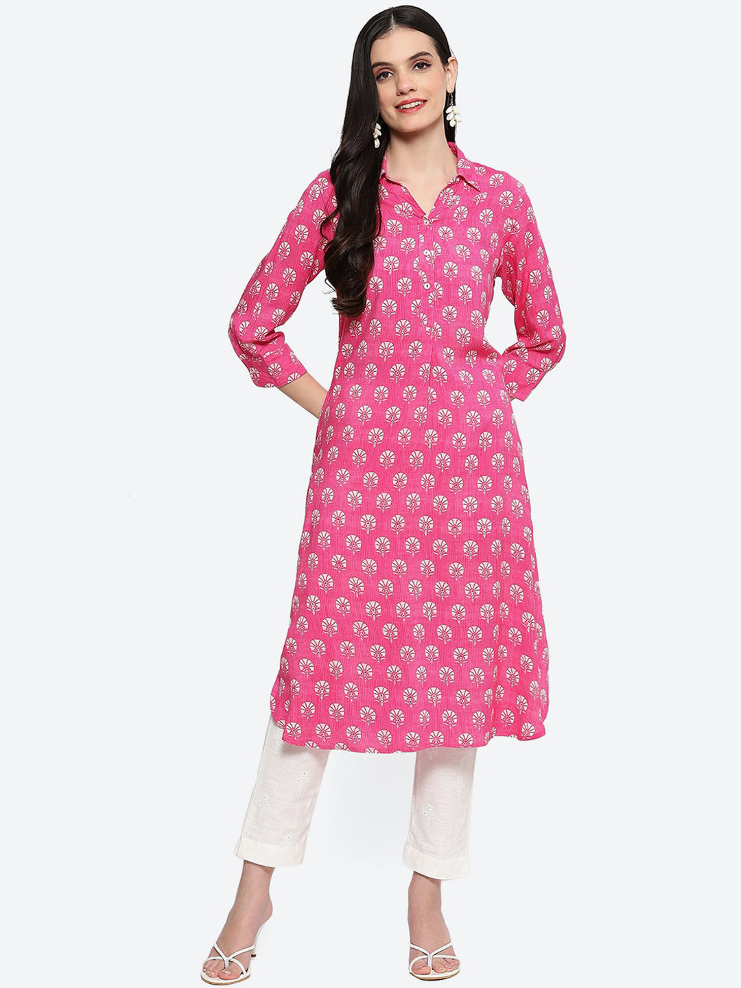 Biba Ethnic Motifs Printed Shirt Collar Kurta - Grab2buy