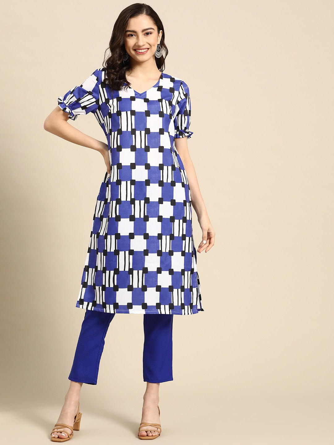 Sangria Women Navy Blue & White Printed A-Line Kurta with Trousers - Grab2buy