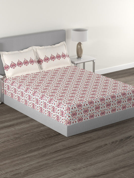 MYTRIDENT White Red Ethnic Motifs 144 TC Cotton Queen Bedsheet With 2 Pillow Covers
