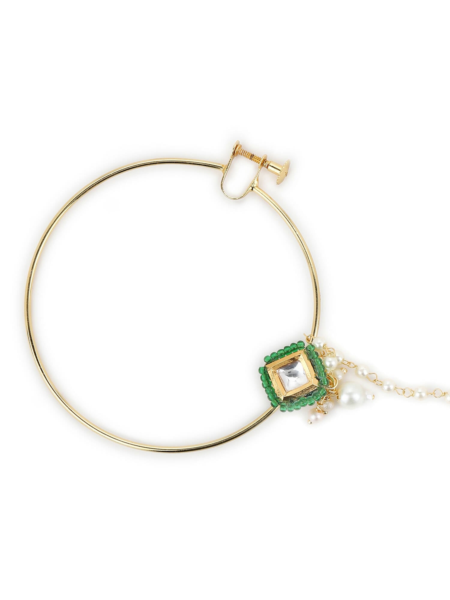 Gold-Plated Green White Kundan Studded Beaded Chained Nosepin - Ruby Raang - Grab2buy