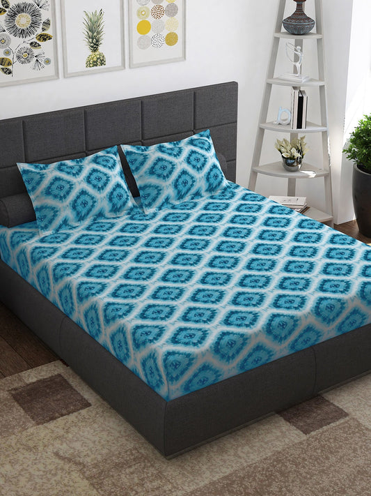 Story@home Blue & Pink Ethnic Motifs Pure Cotton 152TC Queen Bedsheet With 2 Pillow Covers | Grab2Buy