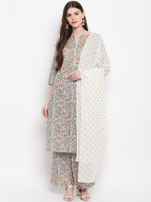 Janasya Women Multicoloured Printed Kurta with Palazzos & Dupatta